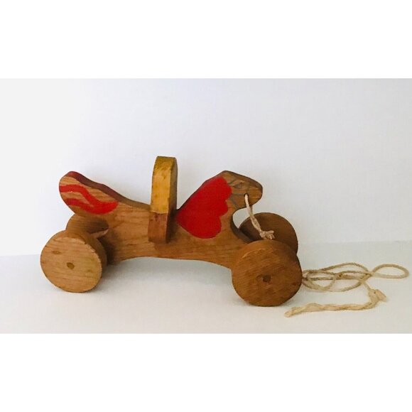 Handmade Wood Pull Toy Horse Rider Tilted Wobble Wheels Hand Painted - Picture 3 of 13